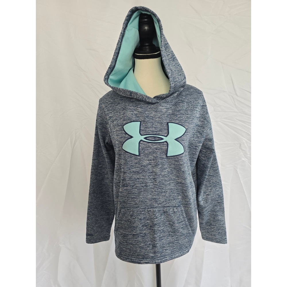 Under Armour Women Gray Heathered Logo Hoodie Sweatshirt Light Blue‎ Accent Sz M